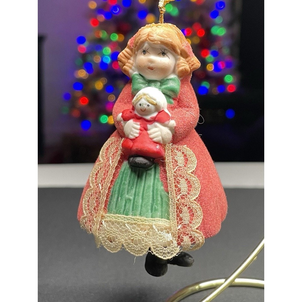 Vintage‎ Jasco Porcelain Bell Girl Ornament in Felted Flocked Dress.